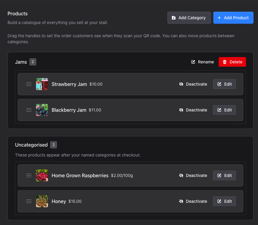 Products organised into a Jams category, with controls to arrange and deactivate items