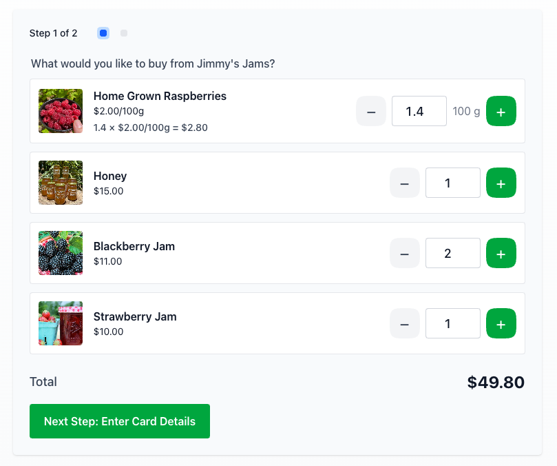 Product checkout showing raspberries sold by weight, jars of honey and jam, quantities and a calculated total